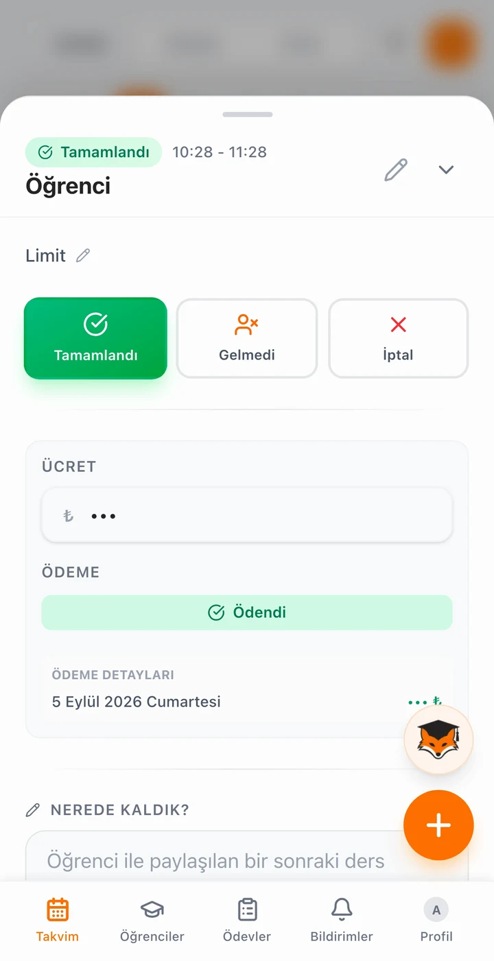 Tilki'de ders kartı: Tamamlandı ve Ödendi